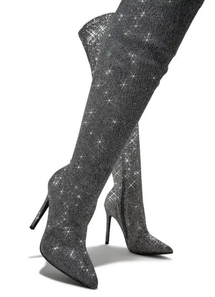 Women Pointed Toe Gray Bling Over The Knee Fashion Boots