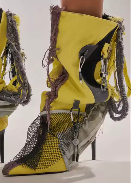 Women Yellow Color Patchwork Pointed Toe High Heel Ankle Boots