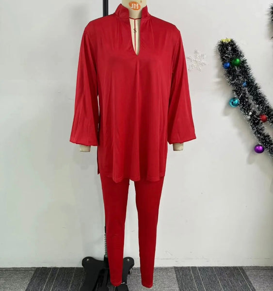 Women Fashion Solid Color Full Sleeve Tunic Top Two Piece Pant Set