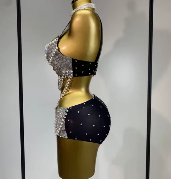 Women Sexy Sleeveless Choker Pearl Bling Rhinestone Two Piece Short Set