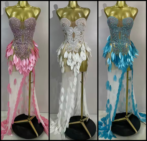 Women Sexy Strapless Beaded Sequins Side Split Maxi Dress