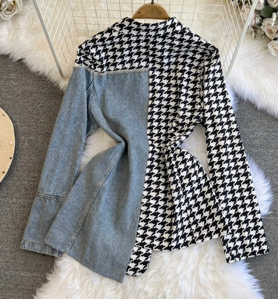 Women Fashion Houndstooth Denim Patchwork Blazer Top