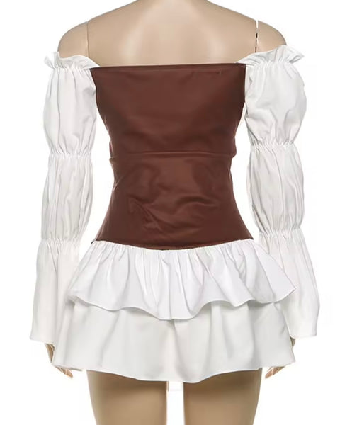 Women Sexy Off The Shoulder Ruffled Full Sleeve Color Block Dress