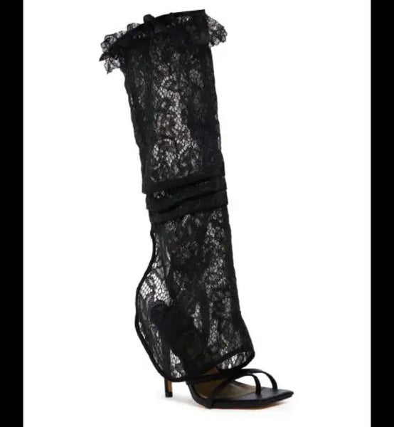Women Fashion Open Toe Lace Detachable Black Boots