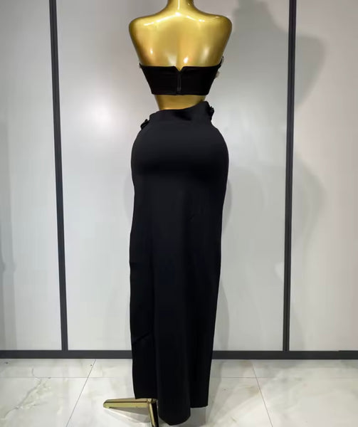Women Sexy Strapless 3D Floral Black Bling Two Piece Maxi Skirt Set
