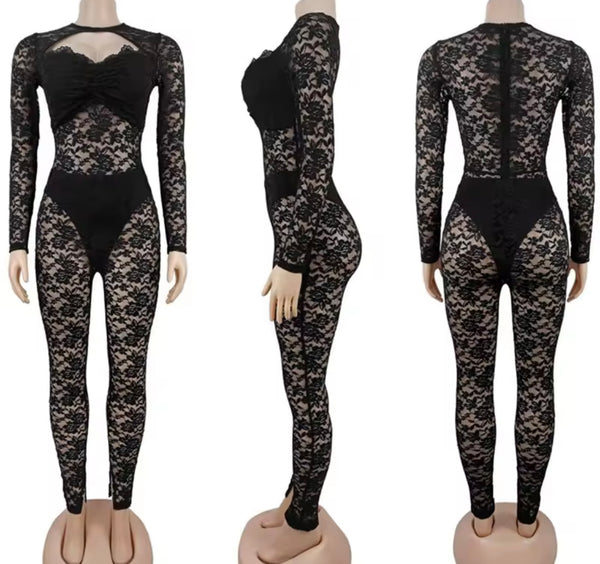 Women Sexy Cut Out Full Sleeve Lace Jumpsuit