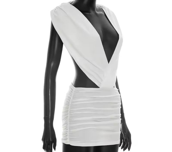 Women Sexy Deep V-Neck Open Back Sleeveless Ruched Dress