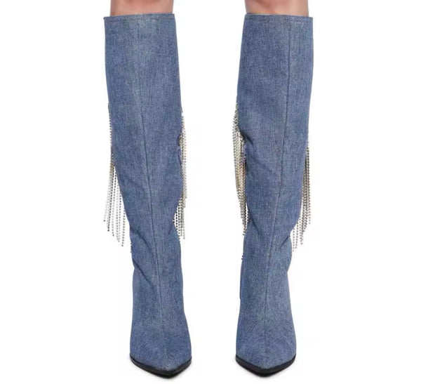 Women Denim Cut Out Heart Rhinestone Tassel Knee High Boots