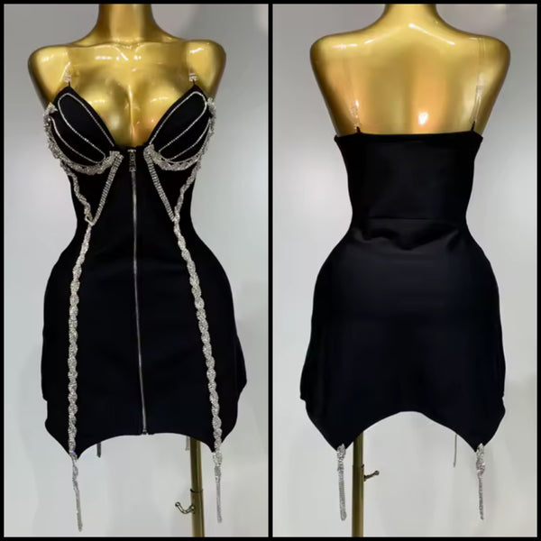 Women Sexy Black Sleeveless Rhinestone Front Zipper Dress