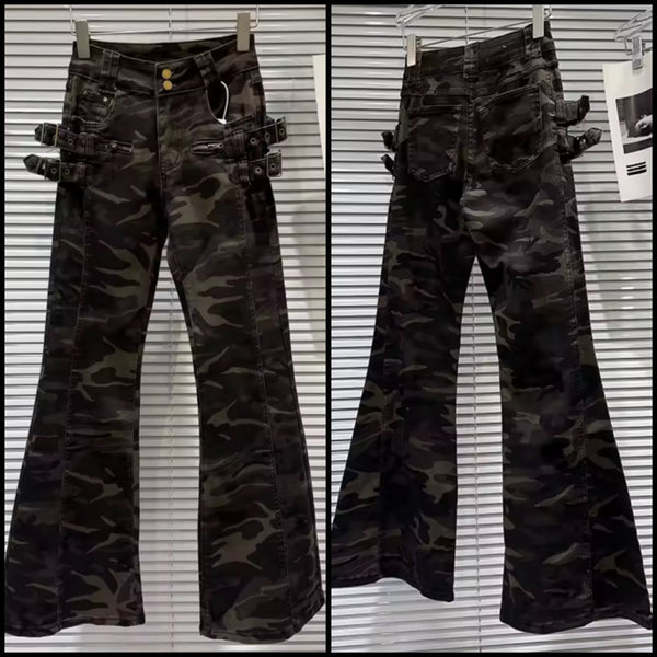 Women Fashion Camouflage Buckle Denim Pants