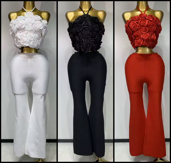 Women Fashion 3D Floral Halter Sleeveless Two Piece Pant Set