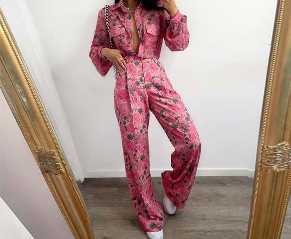 Women Fashion Pink Floral Print Full Sleeve Two Piece Pant Set