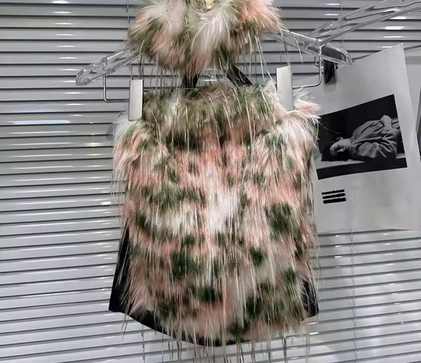 Women Colorful Leopard Print Faux Fur Halter Sleeveless Top