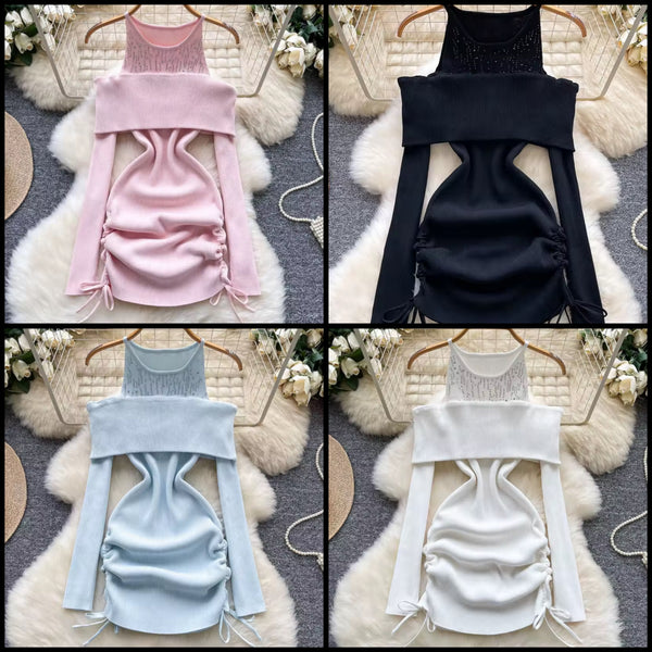 Women Bling Ribbed Full Sleeve Sexy Drawstring Dress