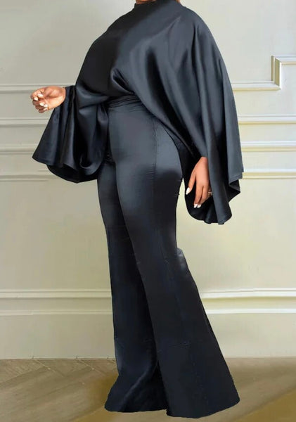 Women Sexy Satin Solid Color Batwing Two Piece Pant Set