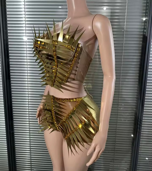 Women Sexy Strapless Chrome Spiked Embellish Two Piece Short Set
