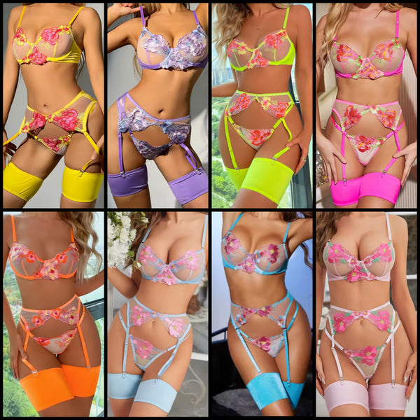 Women Sexy Color Floral Mesh Lingerie Set