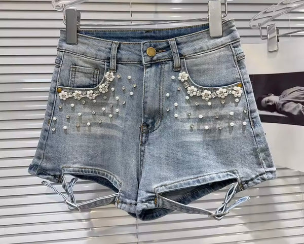 Women Fashion Beaded Bling Buckled Denim Shorts