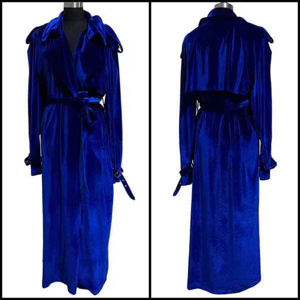 Women Blue Fashion Velvet Belted Trench Jacket