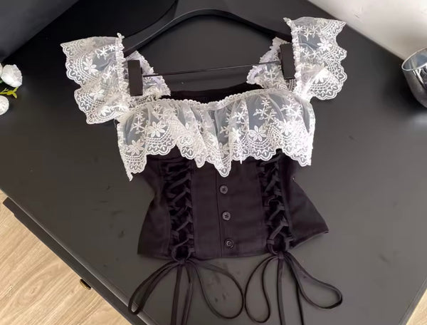 Women Lace Patchwork Tie Up Sleeveless Tank Top