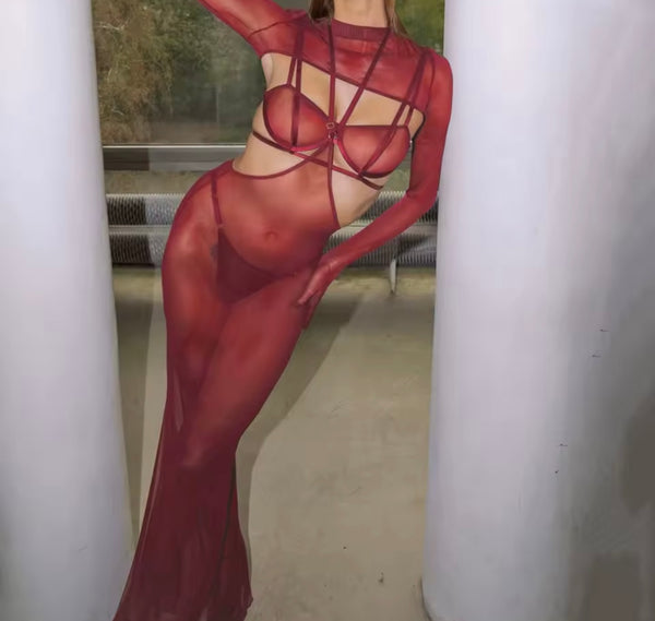 Women Sexy Burgundy Glove Mesh Lingerie Set