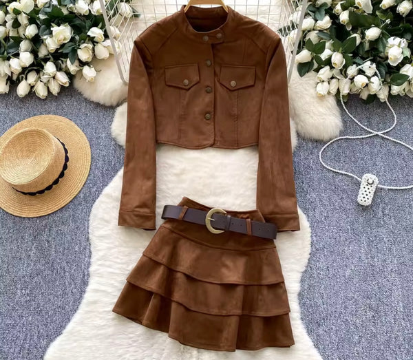 Women Fashion Brown Button Up Suede Jacket Two Piece Skirt Set