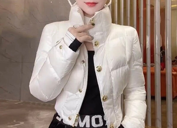 Women Fashion Gold Button PU Puff Crop Jacket