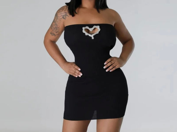 Women Sexy Strapless Bling Cut Out Heart Dress