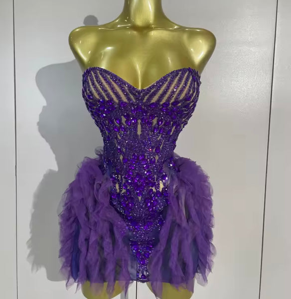 Women Sexy Strapless Purple Ruffle Rhinestone Mesh Dress