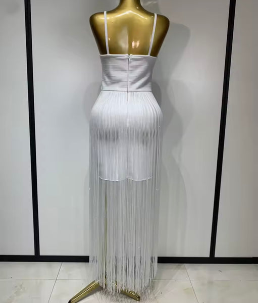 Women Sexy White Sleeveless Fringe Tassel Maxi Dress