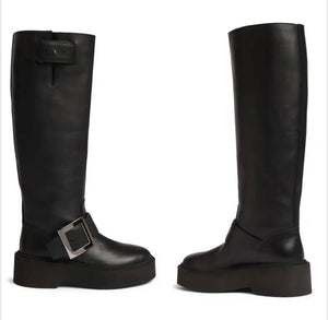 Women Black Round Toe Buckled Faux Leather Knee High Boots