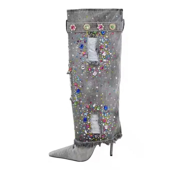 Women Pointed Toe Color Crystal Denim Knee High Boots