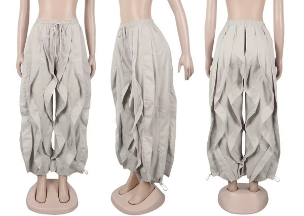 Women Color Fashion Ruffled Drawstring Pants