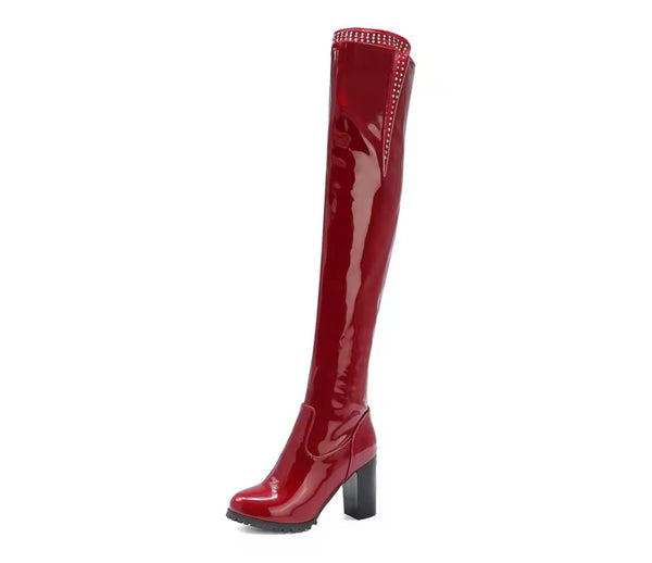 Women Fashion Rhinestone Patent Leather Over The Knee Boots