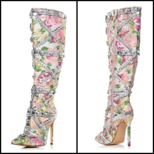 Women Multicolored Floral Crystal Fashion Knee High Boots