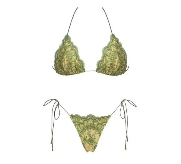 Women Sexy Green Printed Tie Up Bikini Cover Up Set
