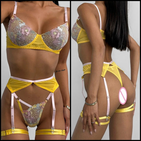 Women Sexy Yellow Floral Lingerie Set