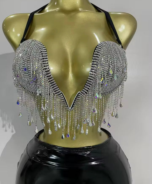 Women Rhinestone Tassel Halter Sleeveless Two Piece PU Skirt Set