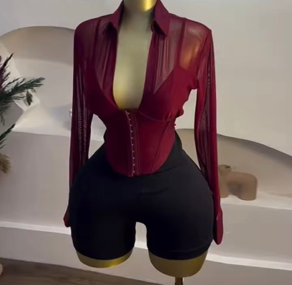 Women Button Up Burgundy Full Sleeve Mesh Top