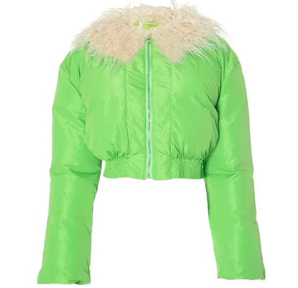 Women Fashion Green Furry Collar Puff Crop Jacket