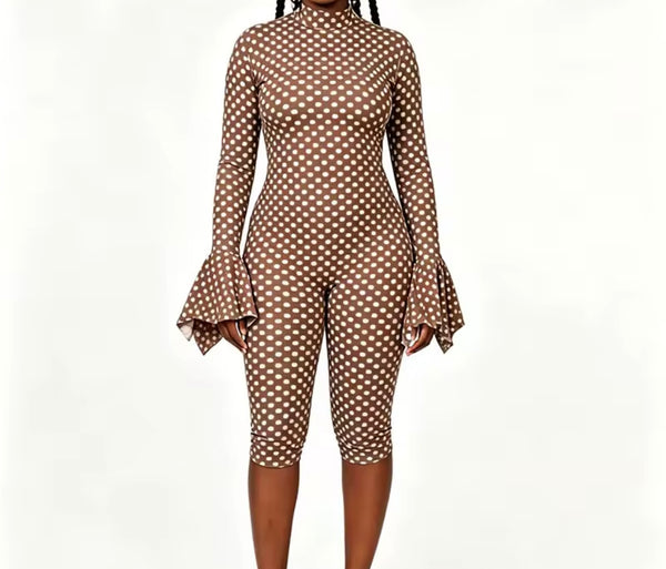 Women Polka Dot Ruffle Full Sleeve Open Back Headband Romper Set