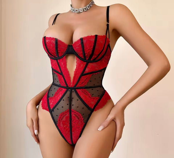 Women Sexy Color Patchwork Lace Bodysuit Lingerie