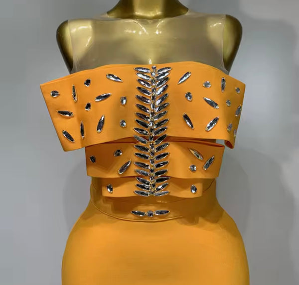 Women Orange Sexy Sleeveless Crystal Maxi Dress