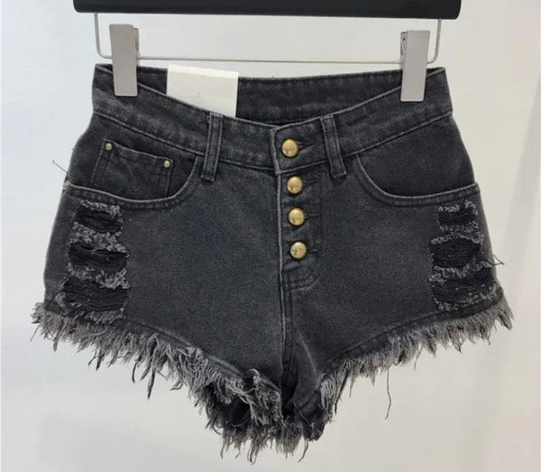 Women Ripped Fringe Button Up Denim Shorts