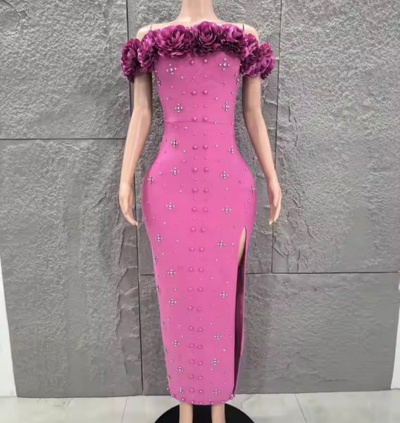 Women Floral Strapless Beaded Rhinestone Maxi Dress
