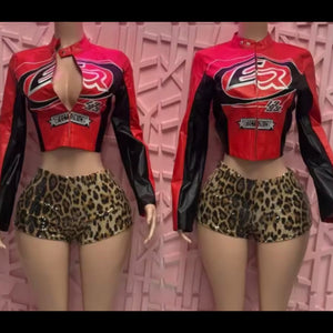 Women Fashion Faux Leather Jacket Two Piece Leopard Short Set