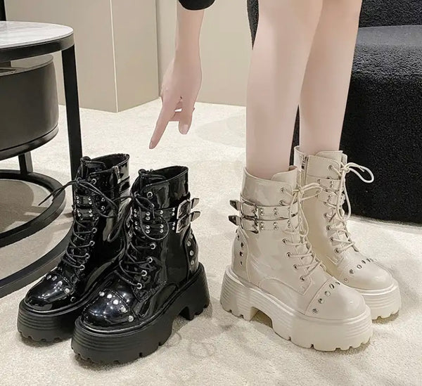 Women Fashion Platform Patent Leather Buckled Ankle Boots