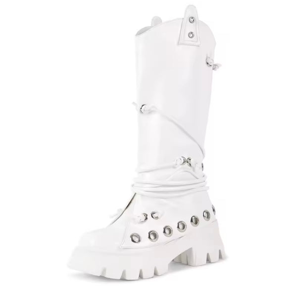 Women White Metal Ring Fashion Flat Knee High Boots