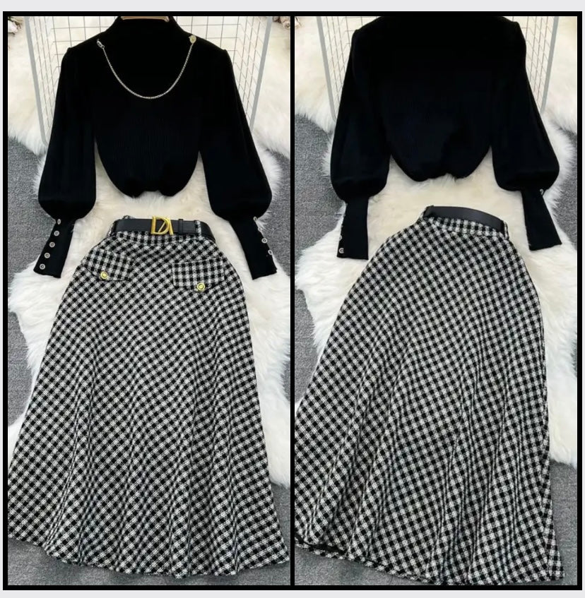 Women Chain Full Sleeve Two Piece Plaid Maxi Skirt Set