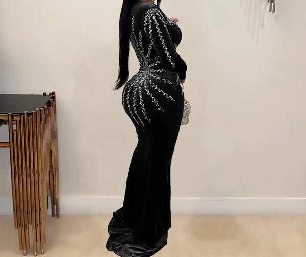 Women Full Sleeve Bling Mesh Patchwork Velour Maxi Dress